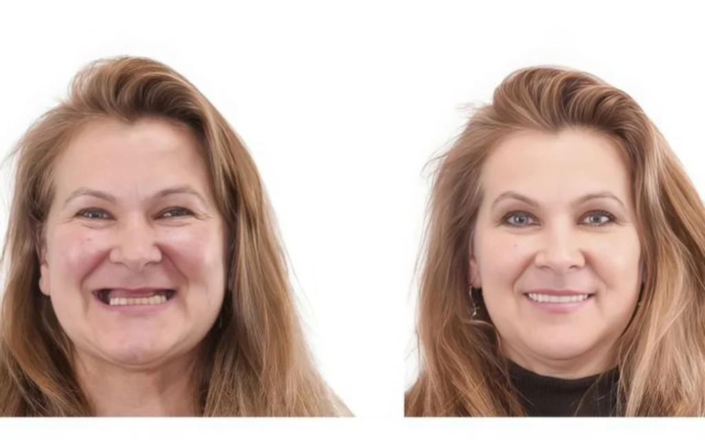 Женщина до и после имплантации зубов
